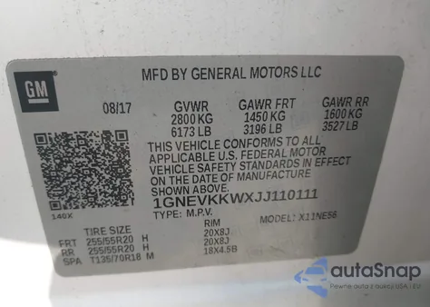 2018 Chevrolet Traverse High Country z USA, uszkodzony, nr VIN 1GNEVKKWXJJ110111